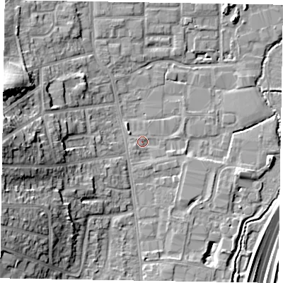 Shaded relief map of the ground around GU124BG, computed from Environment Agency LiDAR. The ground here sits at about 70 m above sea level and falls 20 m across the surrounding 800 m. Surface water reaching this point runs off ground lying to the west, 17.0 m higher.