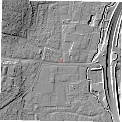 Shaded relief map of the ground around GU124DD, computed from Environment Agency LiDAR. The ground here sits at about 71 m above sea level and falls 20 m across the surrounding 800 m. Surface water reaching this point runs off ground lying to the west-north-west, 6.5 m higher.