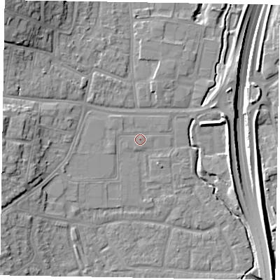 Shaded relief map of the ground around GU124DN, computed from Environment Agency LiDAR. The ground here sits at about 71 m above sea level and falls 19 m across the surrounding 800 m. Surface water reaching this point runs off ground lying to the west-north-west, 0.9 m higher.