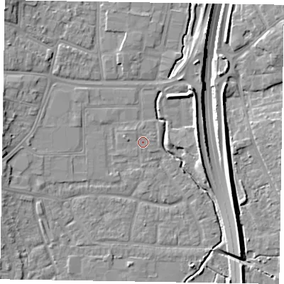 Shaded relief map of the ground around GU124EU, computed from Environment Agency LiDAR. The ground here sits at about 71 m above sea level and falls 13 m across the surrounding 800 m. Surface water reaching this point runs off ground lying to the north-west, 0.6 m higher.