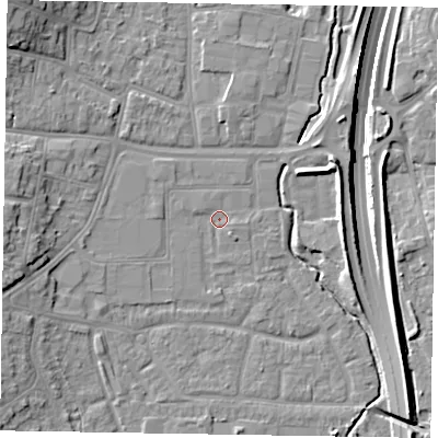Shaded relief map of the ground around GU124EX, computed from Environment Agency LiDAR. The ground here sits at about 71 m above sea level and falls 16 m across the surrounding 800 m. Surface water reaching this point runs off ground lying to the west-south-west, 5.7 m higher.