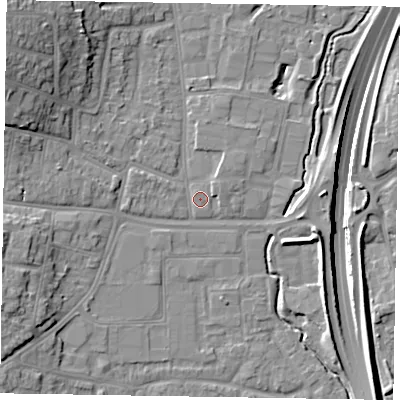 Shaded relief map of the ground around GU124HA, computed from Environment Agency LiDAR. The ground here sits at about 71 m above sea level and falls 19 m across the surrounding 800 m. Surface water reaching this point runs off ground lying to the north-east, 1.2 m higher.