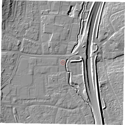 Shaded relief map of the ground around GU124HD, computed from Environment Agency LiDAR. The ground here sits at about 71 m above sea level and falls 15 m across the surrounding 800 m. Surface water reaching this point runs off ground lying to the west-south-west, 3.5 m higher.