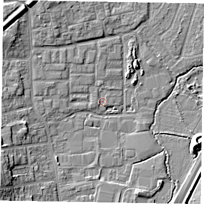 Shaded relief map of the ground around GU124JN, computed from Environment Agency LiDAR. The ground here sits at about 70 m above sea level and falls 13 m across the surrounding 800 m. Surface water reaching this point runs off ground lying to the south-south-east, 1.1 m higher.