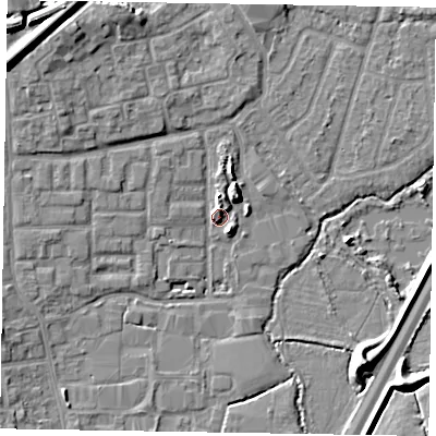 Shaded relief map of the ground around GU124NQ, computed from Environment Agency LiDAR. The ground here sits at about 72 m above sea level and falls 12 m across the surrounding 800 m. Surface water reaching this point runs off ground lying to the north, 3.2 m higher.