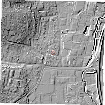 Shaded relief map of the ground around GU124QB, computed from Environment Agency LiDAR. The ground here sits at about 71 m above sea level and falls 22 m across the surrounding 800 m. Surface water reaching this point runs off ground lying to the west-north-west, 14.2 m higher.