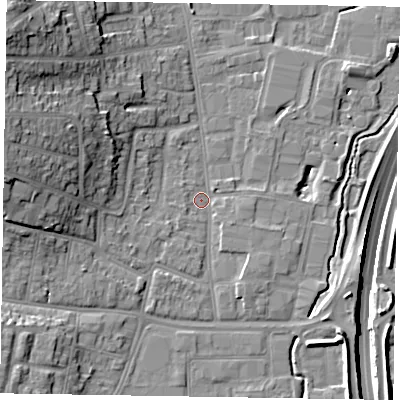 Shaded relief map of the ground around GU124QF, computed from Environment Agency LiDAR. The ground here sits at about 70 m above sea level and falls 24 m across the surrounding 800 m. Surface water reaching this point runs off ground lying to the west-north-west, 13.4 m higher.