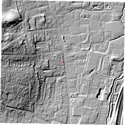 Shaded relief map of the ground around GU124QJ, computed from Environment Agency LiDAR. The ground here sits at about 71 m above sea level and falls 24 m across the surrounding 800 m. Surface water reaching this point runs off ground lying to the west-north-west, 16.9 m higher.