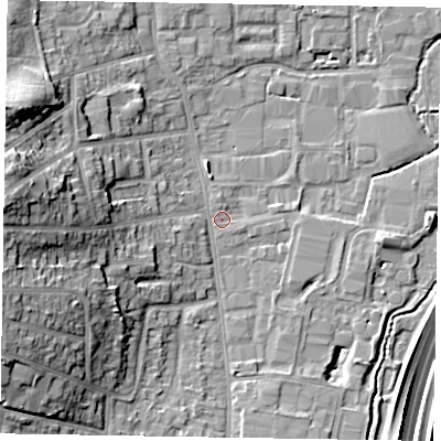 Shaded relief map of the ground around GU124QN, computed from Environment Agency LiDAR. The ground here sits at about 70 m above sea level and falls 22 m across the surrounding 800 m. Surface water reaching this point runs off ground lying to the west, 17.5 m higher.