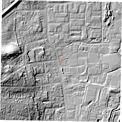 Shaded relief map of the ground around GU124QR, computed from Environment Agency LiDAR. The ground here sits at about 70 m above sea level and falls 21 m across the surrounding 800 m. Surface water reaching this point runs off ground lying to the west-south-west, 16.2 m higher.