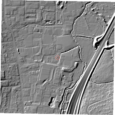 Shaded relief map of the ground around GU124QW, computed from Environment Agency LiDAR. The ground here sits at about 70 m above sea level and falls 10 m across the surrounding 800 m. Surface water reaching this point runs off ground lying to the south-south-east, 2.8 m higher.