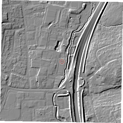 Shaded relief map of the ground around GU124RH, computed from Environment Agency LiDAR. The ground here sits at about 71 m above sea level and falls 14 m across the surrounding 800 m. Surface water reaching this point runs off ground lying to the south-west, 1.9 m higher.
