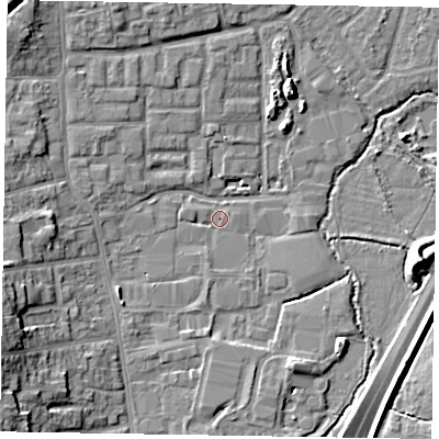 Shaded relief map of the ground around GU124TD, computed from Environment Agency LiDAR. The ground here sits at about 70 m above sea level and falls 14 m across the surrounding 800 m. Surface water reaching this point runs off ground lying to the west-south-west, 9.5 m higher.