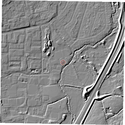 Shaded relief map of the ground around GU124TF, computed from Environment Agency LiDAR. The ground here sits at about 70 m above sea level and falls 8 m across the surrounding 800 m. Surface water reaching this point runs off ground lying to the north-west, 4.8 m higher.