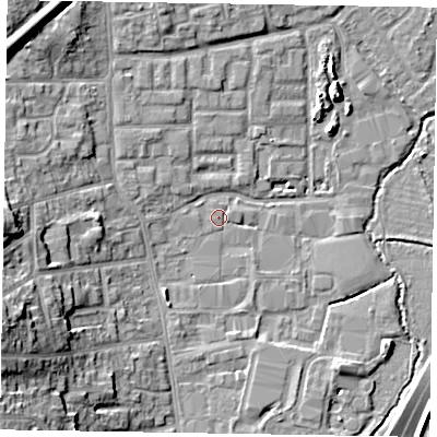 Shaded relief map of the ground around GU124TU, computed from Environment Agency LiDAR. The ground here sits at about 70 m above sea level and falls 16 m across the surrounding 800 m. Surface water reaching this point runs off ground lying to the west, 0.6 m higher.