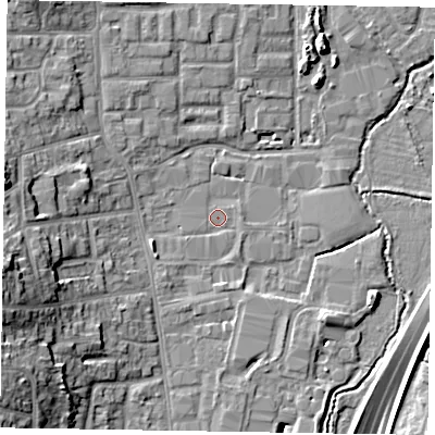 Shaded relief map of the ground around GU124TX, computed from Environment Agency LiDAR. The ground here sits at about 70 m above sea level and falls 15 m across the surrounding 800 m. Surface water reaching this point runs off ground lying to the west-south-west, 13.0 m higher.