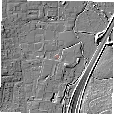 Shaded relief map of the ground around GU124UA, computed from Environment Agency LiDAR. The ground here sits at about 70 m above sea level and falls 11 m across the surrounding 800 m. Surface water reaching this point runs off ground lying to the west-south-west, 5.5 m higher.
