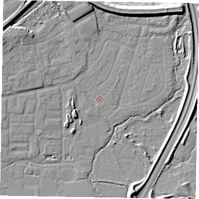 Shaded relief map of the ground around GU124UG, computed from Environment Agency LiDAR. The ground here sits at about 70 m above sea level and falls 13 m across the surrounding 800 m. Surface water reaching this point runs off ground lying to the west-north-west, 6.6 m higher.