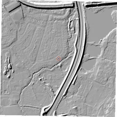 Shaded relief map of the ground around GU124UR, computed from Environment Agency LiDAR. The ground here sits at about 70 m above sea level and falls 10 m across the surrounding 800 m. Surface water reaching this point runs off ground lying to the south-south-west, 7.7 m higher.