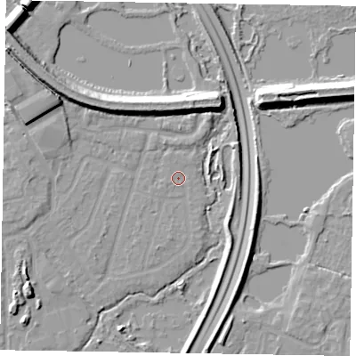 Shaded relief map of the ground around GU124UT, computed from Environment Agency LiDAR. The ground here sits at about 69 m above sea level and falls 12 m across the surrounding 800 m. Surface water reaching this point runs off ground lying to the north-north-west, 0.6 m higher.