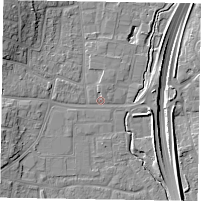 Shaded relief map of the ground around GU124WD, computed from Environment Agency LiDAR. The ground here sits at about 71 m above sea level and falls 18 m across the surrounding 800 m. Surface water reaching this point runs off ground lying to the west-north-west, 5.0 m higher.
