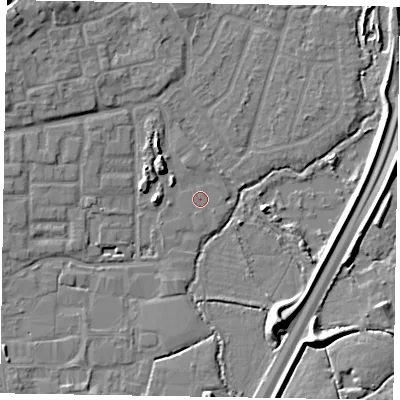 Shaded relief map of the ground around GU124XB, computed from Environment Agency LiDAR. The ground here sits at about 70 m above sea level and falls 11 m across the surrounding 800 m. Surface water reaching this point runs off ground lying to the north-west, 4.6 m higher.