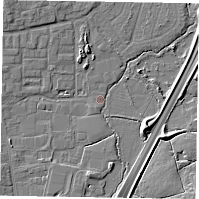 Shaded relief map of the ground around GU124YA, computed from Environment Agency LiDAR. The ground here sits at about 69 m above sea level and falls 9 m across the surrounding 800 m. Surface water reaching this point runs off ground lying to the north-north-west, 5.5 m higher.