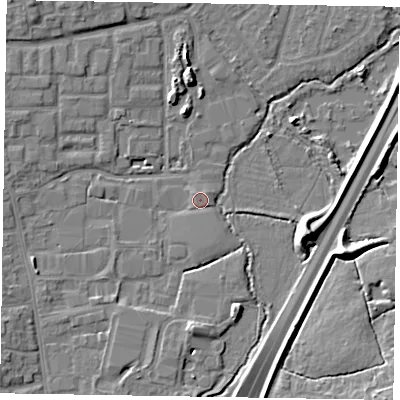 Shaded relief map of the ground around GU124YD, computed from Environment Agency LiDAR. The ground here sits at about 70 m above sea level and falls 9 m across the surrounding 800 m. Surface water reaching this point runs off ground lying to the north, 5.5 m higher.