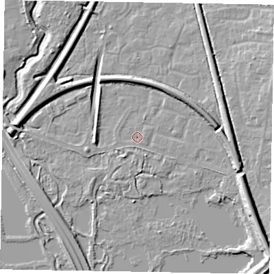 Shaded relief map of the ground around GU125AA, computed from Environment Agency LiDAR. The ground here sits at about 69 m above sea level and falls 13 m across the surrounding 800 m. Surface water reaching this point runs off ground lying to the east, 0.8 m higher.