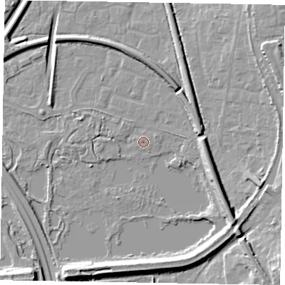 Shaded relief map of the ground around GU125AD, computed from Environment Agency LiDAR. The ground here sits at about 69 m above sea level and falls 16 m across the surrounding 800 m. Surface water reaching this point runs off ground lying to the north-west, 0.9 m higher.