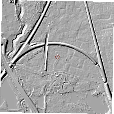 Shaded relief map of the ground around GU125AF, computed from Environment Agency LiDAR. The ground here sits at about 68 m above sea level and falls 12 m across the surrounding 800 m. Surface water reaching this point runs off ground lying to the east-south-east, 6.6 m higher.