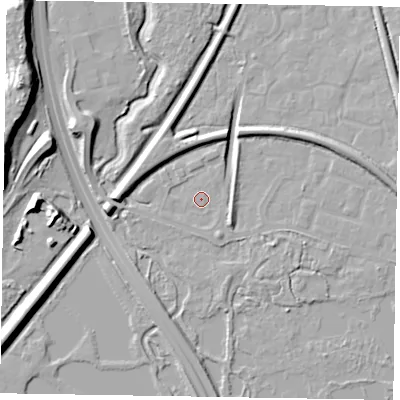 Shaded relief map of the ground around GU125AL, computed from Environment Agency LiDAR. The ground here sits at about 69 m above sea level and falls 19 m across the surrounding 800 m. Surface water reaching this point runs off ground lying to the east-south-east, 0.7 m higher.