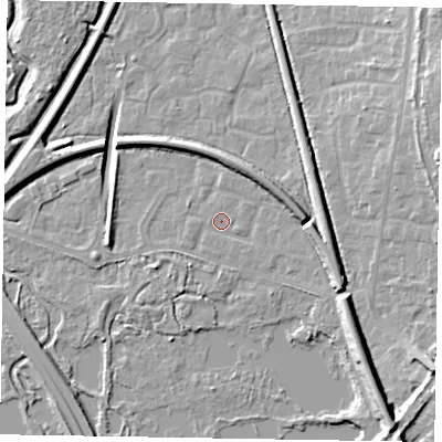 Shaded relief map of the ground around GU125AN, computed from Environment Agency LiDAR. The ground here sits at about 69 m above sea level and falls 13 m across the surrounding 800 m. Surface water reaching this point runs off ground lying to the east-south-east, 6.1 m higher.
