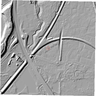 Shaded relief map of the ground around GU125FA, computed from Environment Agency LiDAR. The ground here sits at about 69 m above sea level and falls 19 m across the surrounding 800 m. Surface water reaching this point runs off ground lying to the south-south-east, 1.4 m higher.