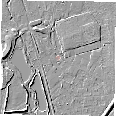 Shaded relief map of the ground around GU125GN, computed from Environment Agency LiDAR. The ground here sits at about 67 m above sea level and falls 10 m across the surrounding 800 m. Surface water reaching this point runs off ground lying to the east, 4.0 m higher.
