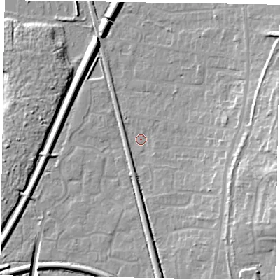 Shaded relief map of the ground around GU125HT, computed from Environment Agency LiDAR. The ground here sits at about 68 m above sea level and falls 16 m across the surrounding 800 m. Surface water reaching this point runs off ground lying to the east-south-east, 13.7 m higher.