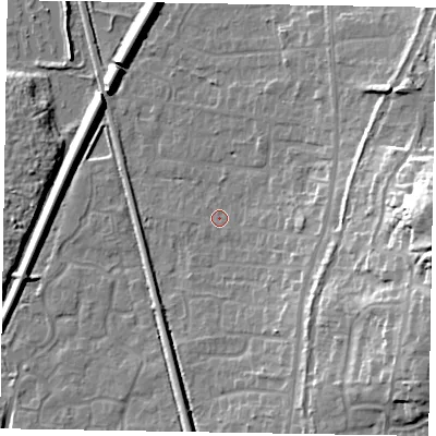 Shaded relief map of the ground around GU125JG, computed from Environment Agency LiDAR. The ground here sits at about 68 m above sea level and falls 25 m across the surrounding 800 m. Surface water reaching this point runs off ground lying to the south-south-east, 0.9 m higher.