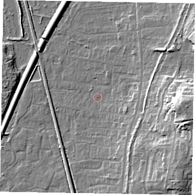 Shaded relief map of the ground around GU125JP, computed from Environment Agency LiDAR. The ground here sits at about 68 m above sea level and falls 25 m across the surrounding 800 m. Surface water reaching this point runs off ground lying to the east, 23.1 m higher.
