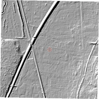 Shaded relief map of the ground around GU125JR, computed from Environment Agency LiDAR. The ground here sits at about 68 m above sea level and falls 16 m across the surrounding 800 m. Surface water reaching this point runs off ground lying to the east, 10.0 m higher.