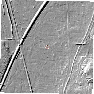 Shaded relief map of the ground around GU125JT, computed from Environment Agency LiDAR. The ground here sits at about 69 m above sea level and falls 25 m across the surrounding 800 m. Surface water reaching this point runs off ground lying to the east, 9.4 m higher.