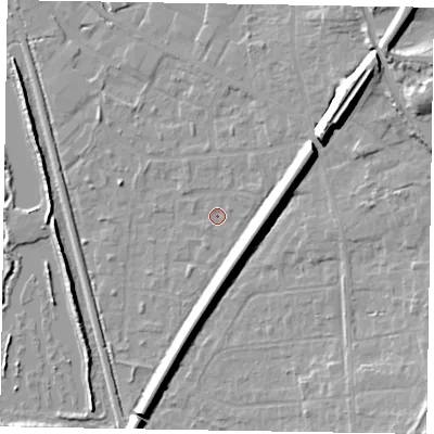 Shaded relief map of the ground around GU125JY, computed from Environment Agency LiDAR. The ground here sits at about 67 m above sea level and falls 13 m across the surrounding 800 m. Surface water reaching this point runs off ground lying to the east-north-east, 1.0 m higher.