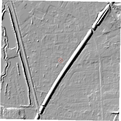 Shaded relief map of the ground around GU125JZ, computed from Environment Agency LiDAR. The ground here sits at about 68 m above sea level and falls 13 m across the surrounding 800 m. Surface water reaching this point runs off ground lying to the south-east, 7.4 m higher.