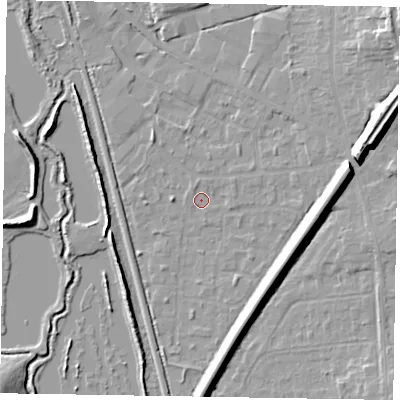 Shaded relief map of the ground around GU125LB, computed from Environment Agency LiDAR. The ground here sits at about 67 m above sea level and falls 13 m across the surrounding 800 m. Surface water reaching this point runs off ground lying to the east, 10.1 m higher.