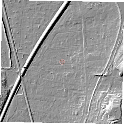 Shaded relief map of the ground around GU125LE, computed from Environment Agency LiDAR. The ground here sits at about 68 m above sea level and falls 25 m across the surrounding 800 m. Surface water reaching this point runs off ground lying to the east, 3.8 m higher.