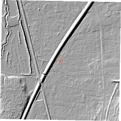 Shaded relief map of the ground around GU125LF, computed from Environment Agency LiDAR. The ground here sits at about 68 m above sea level and falls 14 m across the surrounding 800 m. Surface water reaching this point runs off ground lying to the east-south-east, 10.2 m higher.