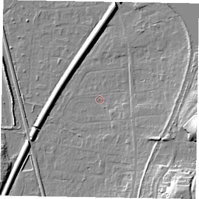 Shaded relief map of the ground around GU125LG, computed from Environment Agency LiDAR. The ground here sits at about 68 m above sea level and falls 25 m across the surrounding 800 m. Surface water reaching this point runs off ground lying to the south-east, 22.5 m higher.