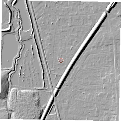 Shaded relief map of the ground around GU125LX, computed from Environment Agency LiDAR. The ground here sits at about 67 m above sea level and falls 12 m across the surrounding 800 m. Surface water reaching this point runs off ground lying to the east-north-east, 0.8 m higher.