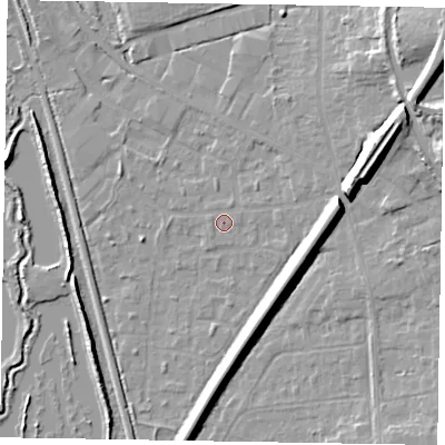 Shaded relief map of the ground around GU125LY, computed from Environment Agency LiDAR. The ground here sits at about 68 m above sea level and falls 13 m across the surrounding 800 m. Surface water reaching this point runs off ground lying to the east, 0.5 m higher.