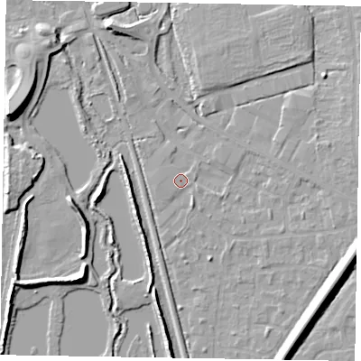Shaded relief map of the ground around GU125LZ, computed from Environment Agency LiDAR. The ground here sits at about 67 m above sea level and falls 10 m across the surrounding 800 m. Surface water reaching this point runs off ground lying to the east, 3.3 m higher.