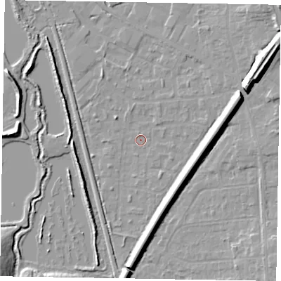 Shaded relief map of the ground around GU125NE, computed from Environment Agency LiDAR. The ground here sits at about 67 m above sea level and falls 13 m across the surrounding 800 m. Surface water reaching this point runs off ground lying to the east-north-east, 9.5 m higher.